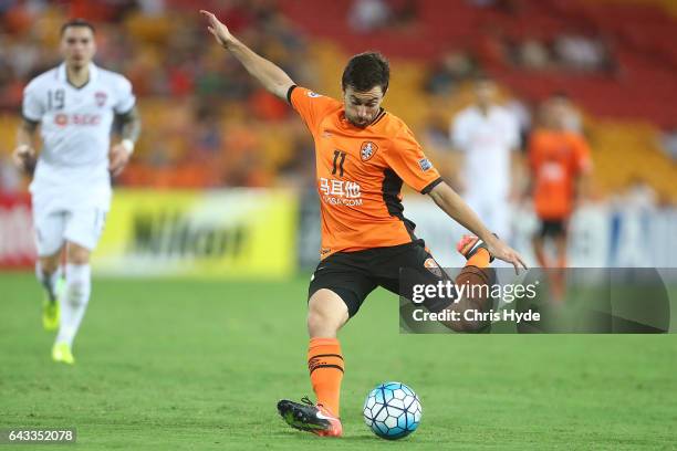 Thomas Oar of the Roar kicks during the AFC Champions League match between the Brisbane Roar and Muangthong United at Suncorp Stadium on February 21,...