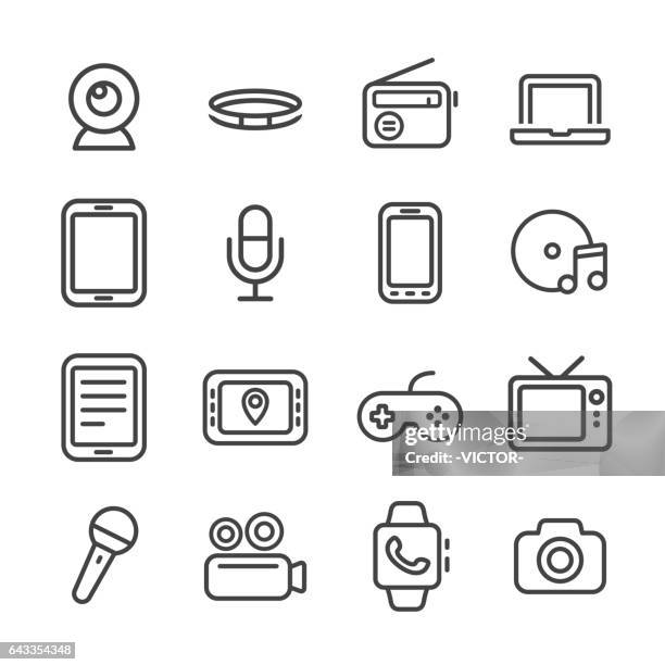 multimedia and equipment icons set - line series - digital camera stock illustrations