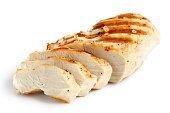Partially sliced grilled chicken breast with black pepper.