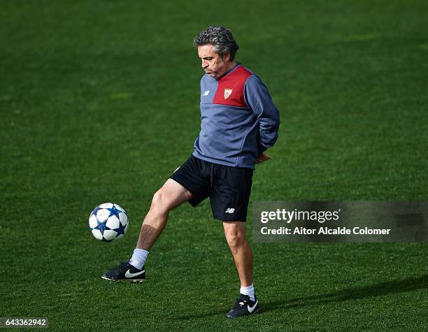 Second coach of Sevilla FC Juanma Lillo in action during their training session prior to their match of Champions League Round of 16 1st Leg against...