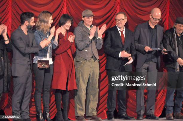 Pia Hierzegger, Georg Friedrich, Joerg Hartmann, Nora Waldstaetten, Maria Hofstaetter, Thomas Schubert, Crina Semciuc and Josef Hader pose on stage...