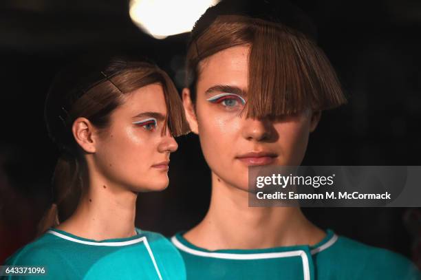 Model walks the runway at the One To Watch: Richard Malone presentation during the London Fashion Week February 2017 collections on February 21, 2017...