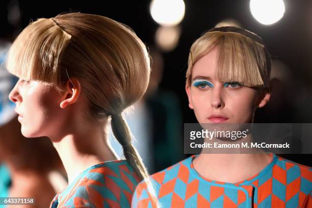 Model walks the runway at the One To Watch: Richard Malone presentation during the London Fashion Week February 2017 collections on February 21, 2017...