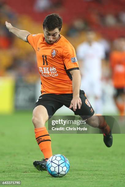 Thomas Oar of the Roar kicks during the AFC Champions League match between the Brisbane Roar and Muangthong United at Suncorp Stadium on February 21,...