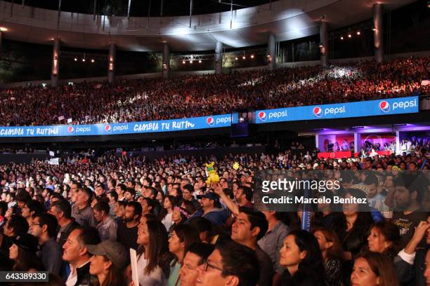 People in the audinece cheer during Viña del Mar 58th International Song Festival on February 20, 2017 in Viña del Mar, Chile.