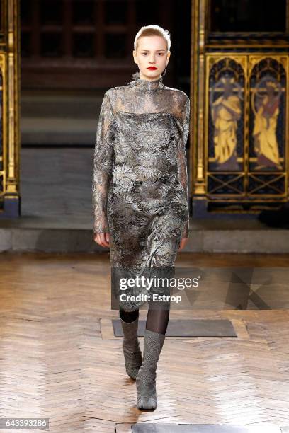 Model walks the runway at the Sharon Wauchob show during the London Fashion Week February 2017 collections on February 20, 2017 in London, England.