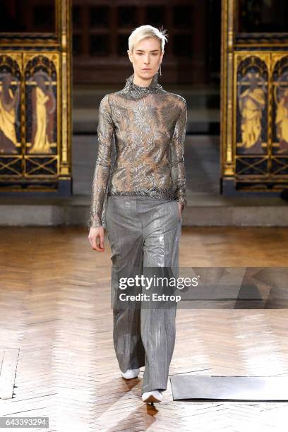 Model walks the runway at the Sharon Wauchob show during the London Fashion Week February 2017 collections on February 20, 2017 in London, England.