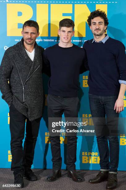 Spanish actors Luis Mottola, Miguel Bernardeau and Miki Esparbe attend 'Es Por Tu Bien' photocall at Hesperia Hotel on February 21, 2017 in Madrid,...