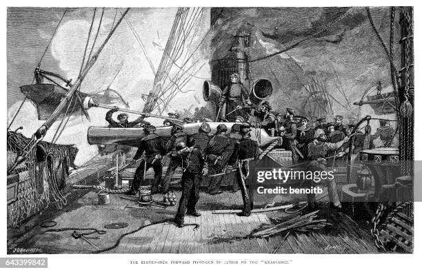 uss kearsarge pivot cannon in action - us navy stock illustrations