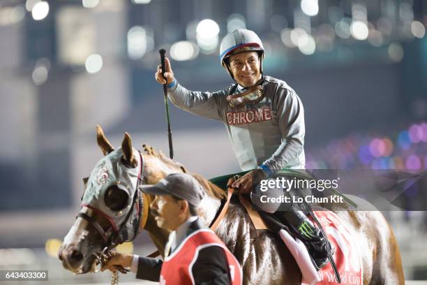 Victor Espinoza riding California Chrome wins the Dubai World Cup Sponsored By Emirates Airline at Meydan Racecourse on March 26, 2016 in Dubai,...