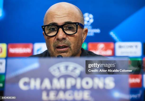 Head Coach of Sevilla FC Jorge Sampaoli speaks to the media during a press conference prior to their UEFA Champions League Round of 16 1st Leg...