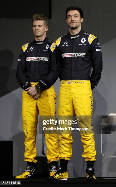 Jolyon Palmer of Great Britain and Renault Sport and Nico Hulkenberg of Germany and Renault Sport attend the launch of the Renault Sport Formula One...