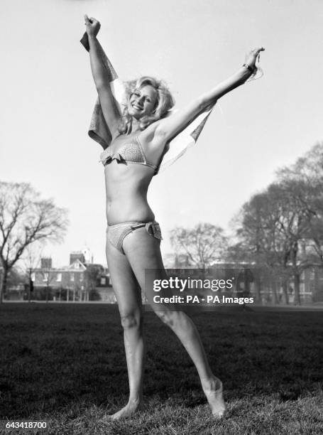 Aldine Honey models a cotton bikini from Le Bistingo Boutique, which opened for business in King's Road this afternoon.