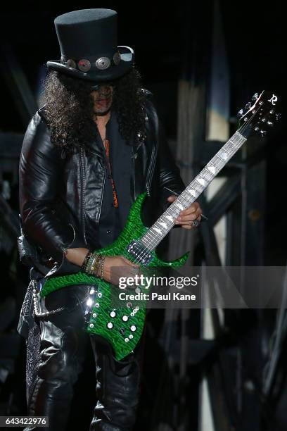 Slash perfoms on stage during the Guns N' Roses 'Not In This Lifetime' Tour at Domain Stadium on February 21, 2017 in Perth, Australia.