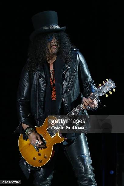 Slash perfoms on stage during the Guns N' Roses 'Not In This Lifetime' Tour at Domain Stadium on February 21, 2017 in Perth, Australia.