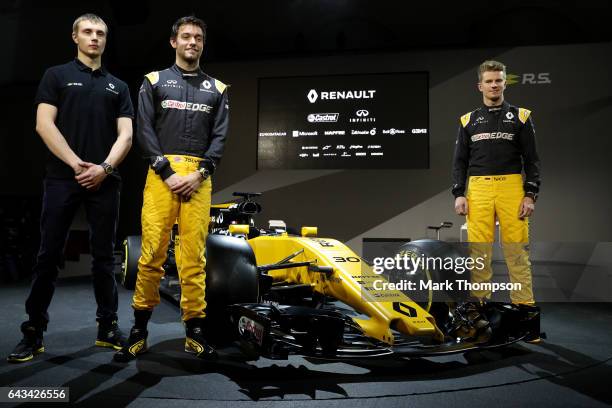 Jolyon Palmer of Great Britain and Renault Sport, Nico Hulkenberg of Germany and Renault Sport and Sergey Sirotkin of Russia and Renault Sport pose...