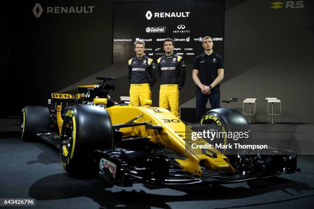 Jolyon Palmer of Great Britain and Renault Sport, Nico Hulkenberg of Germany and Renault Sport and Sergey Sirotkin of Russia and Renault Sport pose...