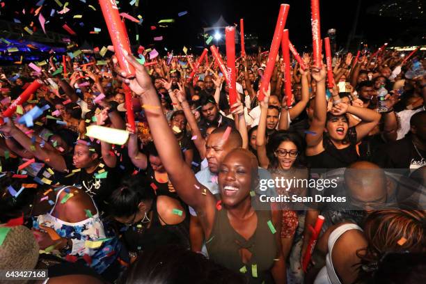 Audience sings and cheers as popular soca musicians, dancehall artists and calypsonians from Trinidad, Barbados, Jamaica and St Vincent perform at...
