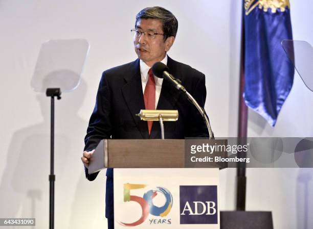 Takehiko Nakao, president of the Asian Development Bank, speaks during the Asian Development Bank 50th Anniversary reception in Manila, the...