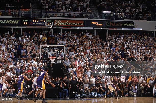 Kobe Bryant of the Los Angeles Lakers misses the final shot of game 5 of the Western Conference Finals during the 2002 NBA Playoffs against the...