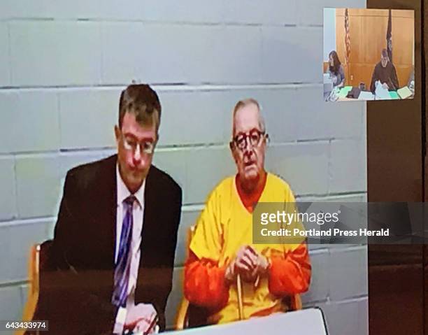 Randall Bates, left, represented former Boston priest and convicted child molester Ronald Paquin, right, Friday, by video in York County Court during...
