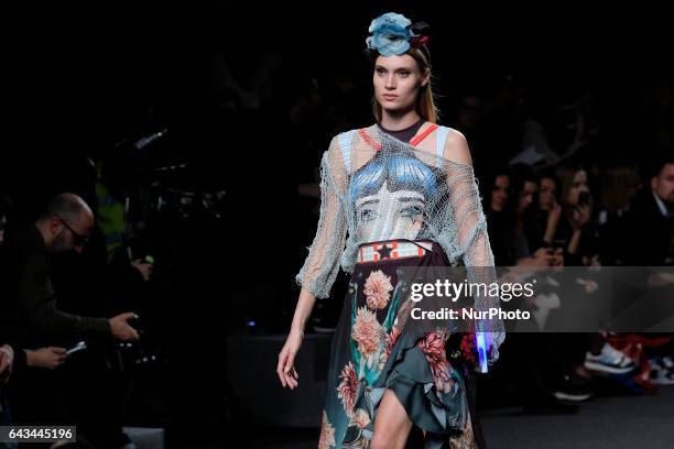 Model walks the runway at the AMAI RODRIGUEZ show during the EGO Mercedes-Benz Madrid Fashion Week Autumn/Winter 2017/2018 at IFEMA on February 21,...