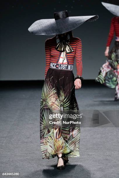 Model walks the runway at the AMAI RODRIGUEZ show during the EGO Mercedes-Benz Madrid Fashion Week Autumn/Winter 2017/2018 at IFEMA on February 21,...