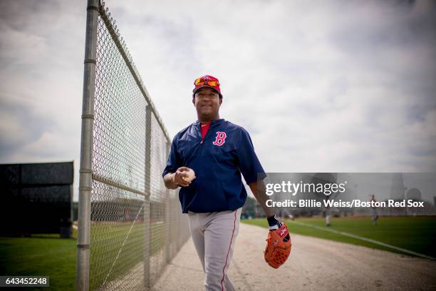 Boston Red Sox Hall of Famer Pedro Martinez smiles during a team spring training workout on February 21, 2017 at Fenway South in Fort Myers, Florida .