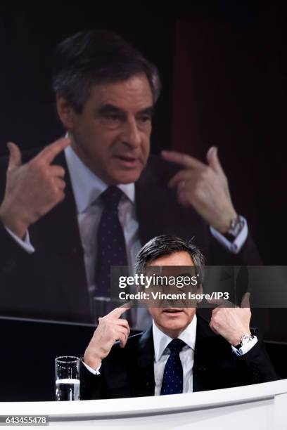 Candidate of Les Republicains right wing Party for the 2017 French Presidential Election Francois Fillon delivers a speech during a conference at the...