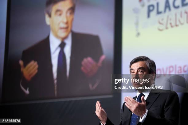 Candidate of Les Republicains right wing Party for the 2017 French Presidential Election Francois Fillon delivers a speech during a conference at the...