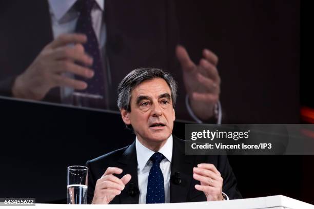 Candidate of Les Republicains right wing Party for the 2017 French Presidential Election Francois Fillon delivers a speech during a conference at the...