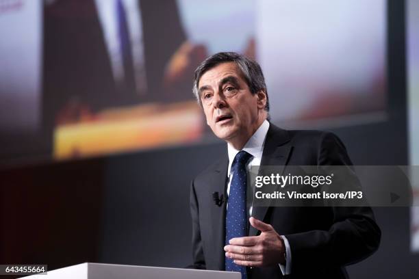 Candidate of Les Republicains right wing Party for the 2017 French Presidential Election Francois Fillon delivers a speech during a conference at the...