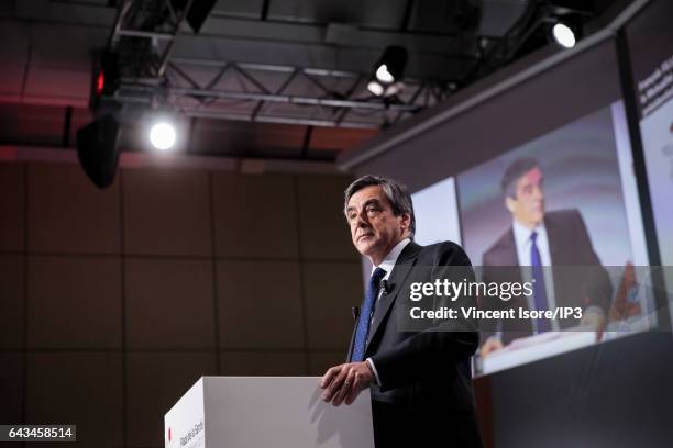 Candidate of Les Republicains right wing Party for the 2017 French Presidential Election Francois Fillon delivers a speech during a conference at the...