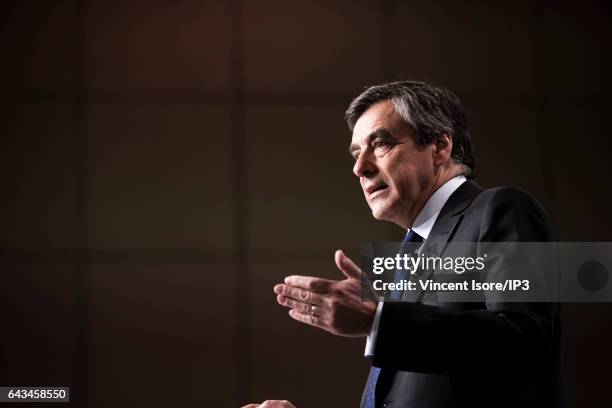 Candidate of Les Republicains right wing Party for the 2017 French Presidential Election Francois Fillon delivers a speech during a conference at the...