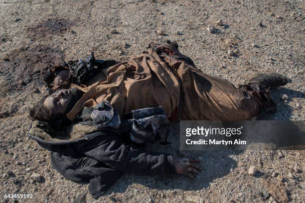 Dead Islamic State fighter in the Islamic State occupied village of Abu Saif, 6 kilometres from Mosul on February 20, 2017 in Nineveh, northern Iraq....