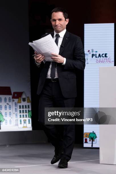 Candidate of the Socialist Party for the 2017 French Presidential Election Benoit Hamon delivers a speech during a conference at the Palais...