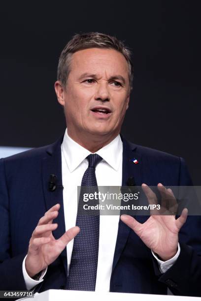 Mayor of Yerres and candidate for the 2017 French Presidential Election Nicolas Dupont Aignan delivers a speech during a conference at the Palais...