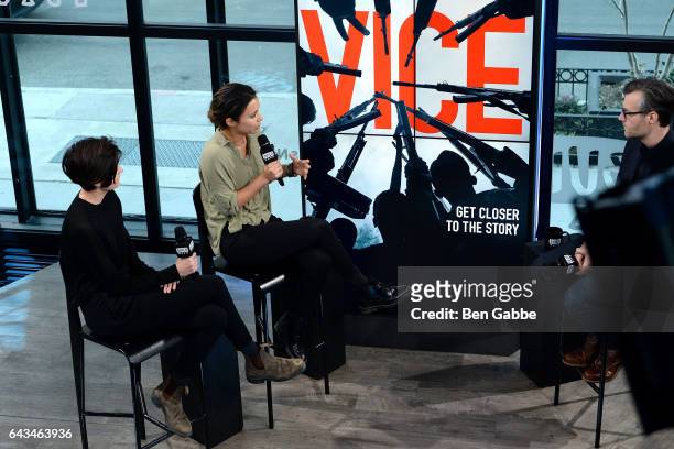 Journalists Gianna Toboni and Isobel Yeung with moderator Ricky Camilleri at the AOL Build Series at Build Studio on February 21, 2017 in New York...