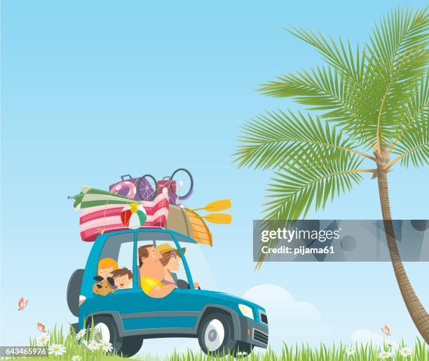 drive to summer holidays - car sunshade stock illustrations