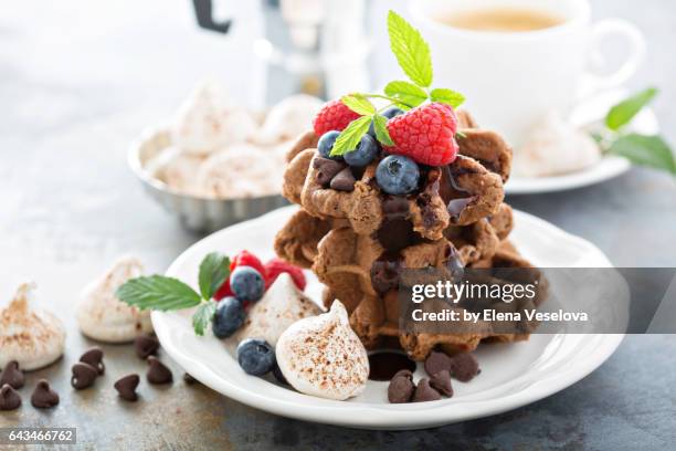 chocolate waffles with fresh berries - belgium chocolate stock pictures, royalty-free photos & images