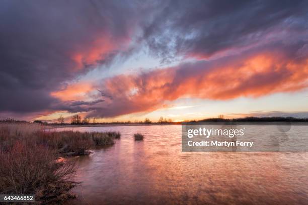 fiery clouds over lake, ouse fen nature reserve, cambridgeshire, east anglia uk - cambridgeshire imagens e fotografias de stock