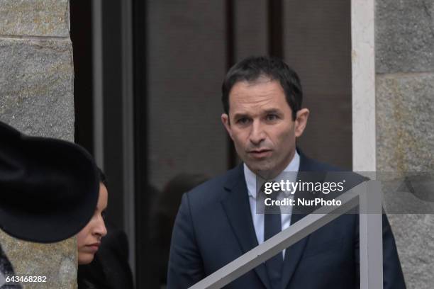 French presidential election candidate for the left-wing French Socialist party Benoit Hamon visits Memorial de la Shoah on February 21, 2017 in...
