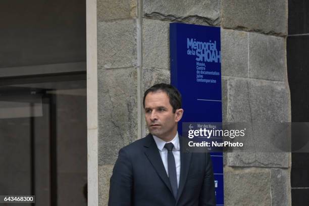 French presidential election candidate for the left-wing French Socialist party Benoit Hamon visits Memorial de la Shoah on February 21, 2017 in...