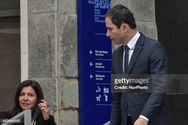 Mayor of Paris Anne Hidalgo and French presidential election candidate for the left-wing French Socialist party Benoit Hamon visit Memorial de la...
