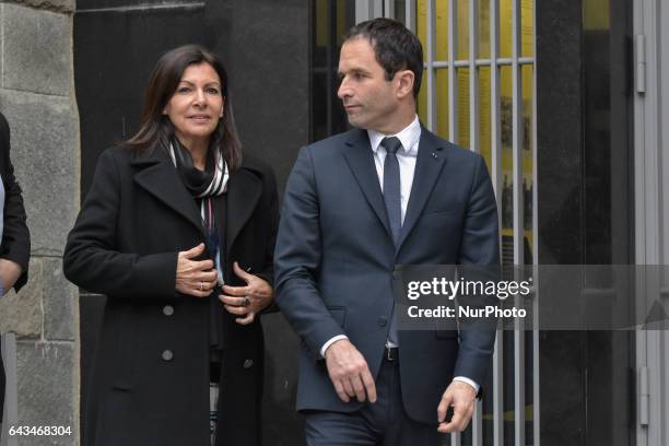 Mayor of Paris Anne Hidalgo and French presidential election candidate for the left-wing French Socialist party Benoit Hamon visit Memorial de la...