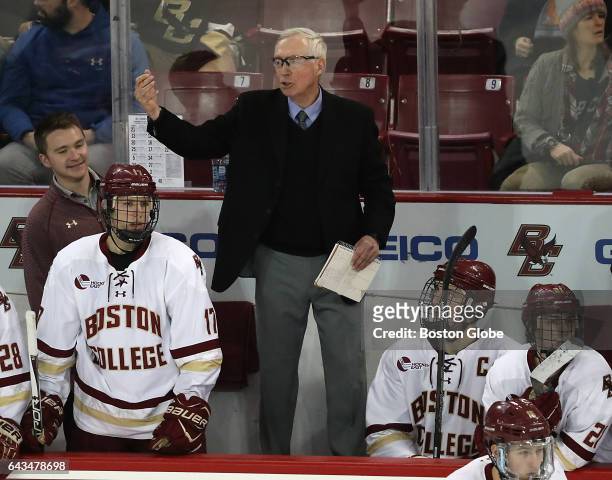 Boston College head coach Jerry York is pictured on the bench against the University of Vermont during the first period. Boston College hosts...