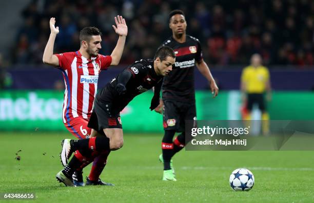 Javier Hernandez of Leverkusen and Koke of Atletico battle for the ball during the UEFA Champions League Round of 16 first leg match between Bayer...