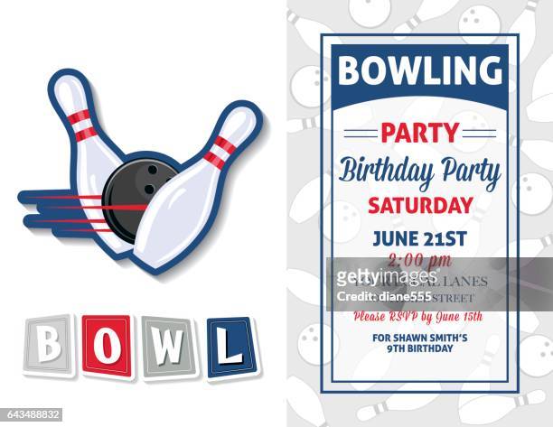 stockillustraties, clipart, cartoons en iconen met retro stijl bowlen birthday party uitnodiging sjabloon - bowling party