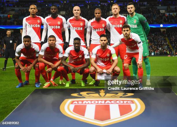 Monaco players line up prior to the UEFA Champions League Round of 16 first leg match between Manchester City FC and AS Monaco at Etihad Stadium on...