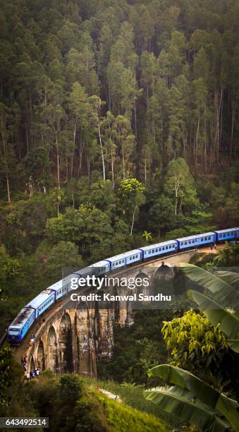 train crossing the nine arches bridge during evening - ella sri lanka stockfoto's en -beelden